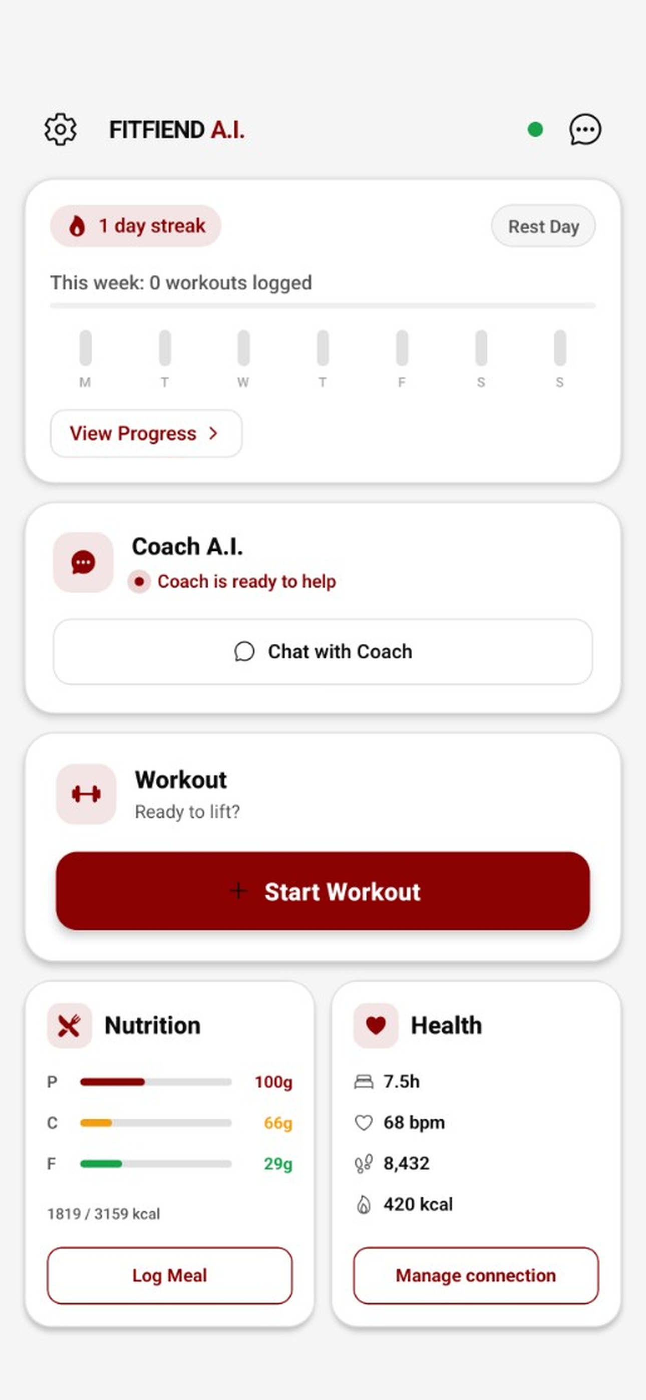 FITFIEND A.I. Hub — streak, progress, nutrition, health, Coach, and your next workout